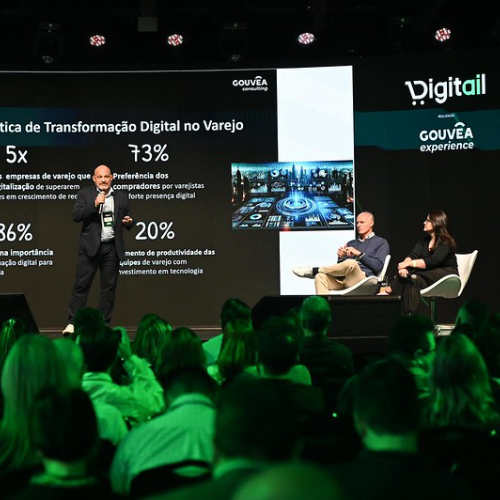 Digitail Conference - Marcelo Antoniazzi Integrantes da delegação Gouvêa NRF 2025 acompanhando vídeo em telão de um salão do Rockefeller Center